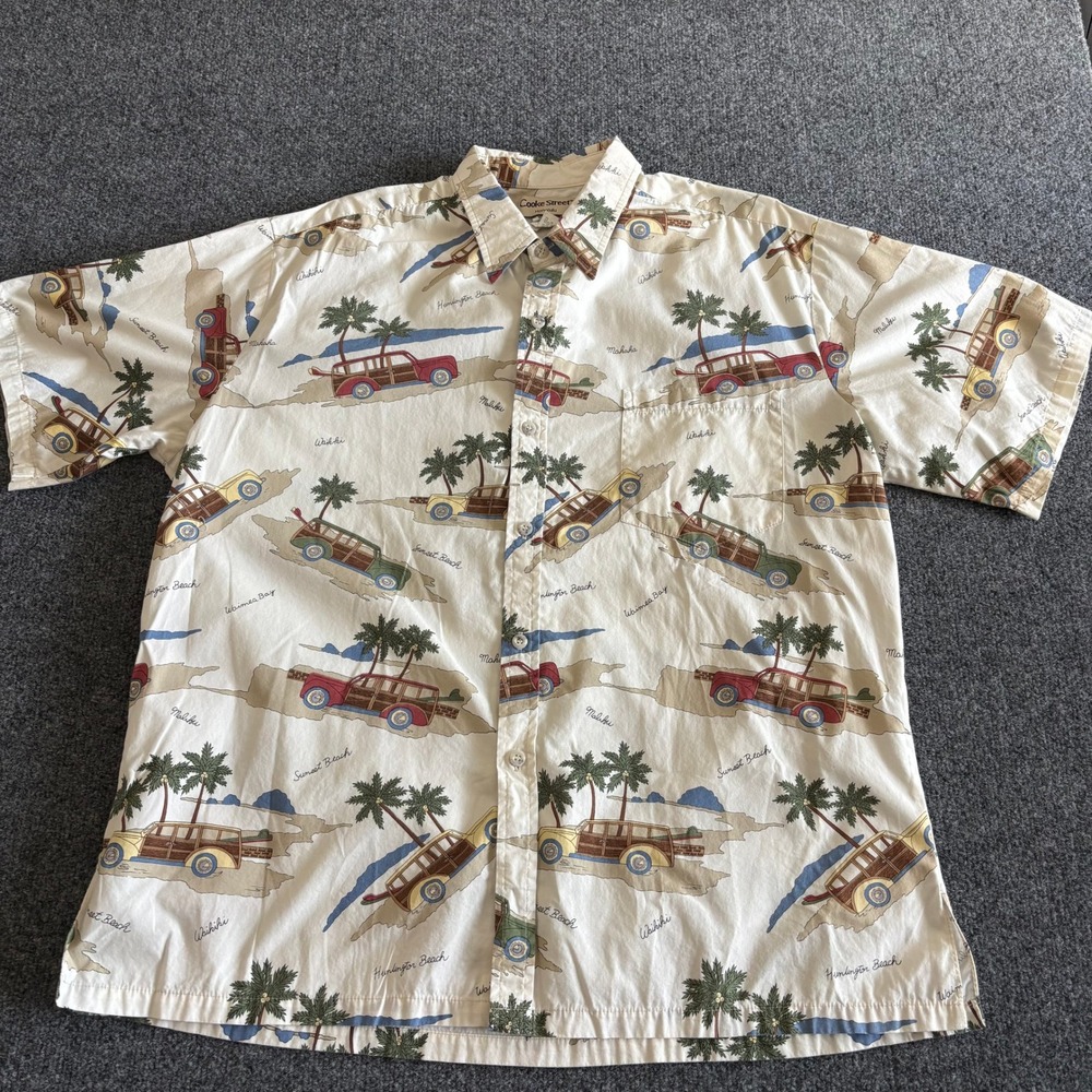 Cooke Street Honolulu Mens XL Woody Car Palm Tree Aloha Shirt Cream